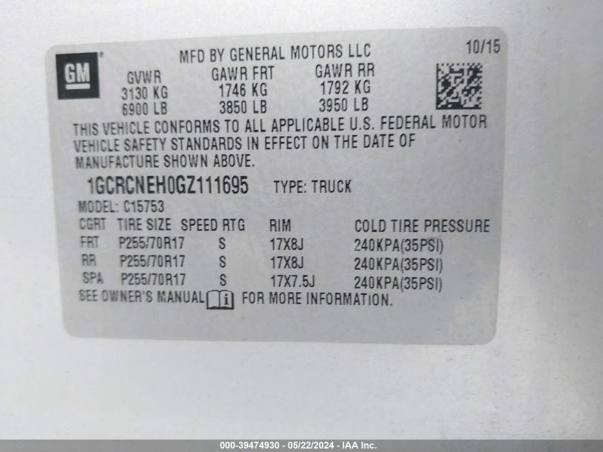 2016 Chevrolet Silverado 1500 Ls VIN: 1GCRCNEH0GZ111695 Lot: 39474930