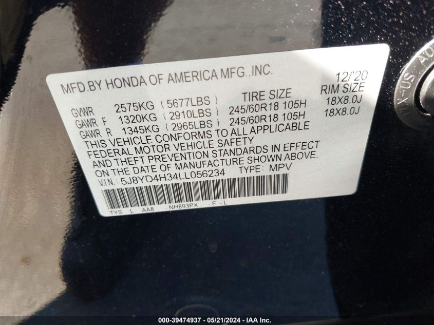 2020 Acura Mdx Standard VIN: 5J8YD4H34LL056234 Lot: 39474937