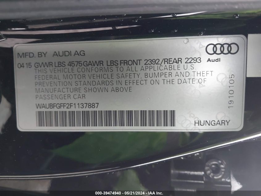 2015 Audi A3 2.0T Premium VIN: WAUBFGFF2F1137887 Lot: 39474940