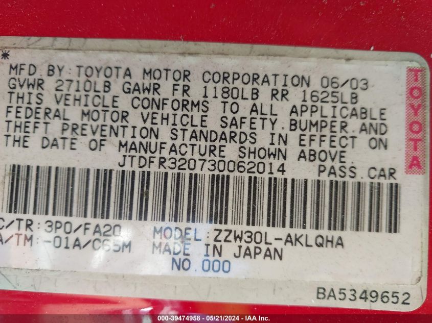 2003 Toyota Mr2 Spyder VIN: JTDFR320730062014 Lot: 39474958