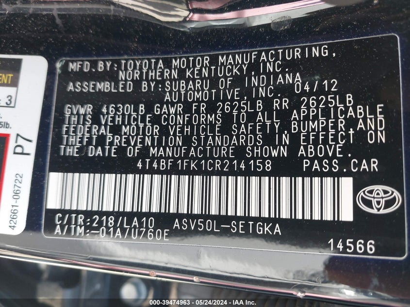 2012 Toyota Camry Xle VIN: 4T4BF1FK1CR214158 Lot: 39474963