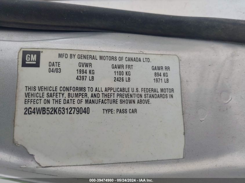 2003 Buick Regal Ls VIN: 2G4WB52K631279040 Lot: 39474980