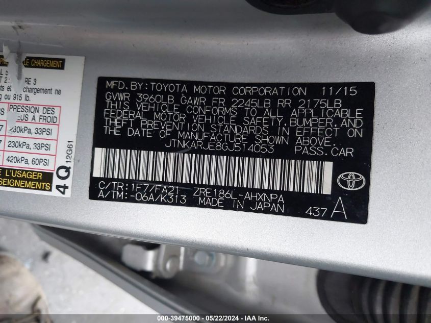 2016 Scion Im VIN: JTNKARJE8GJ514053 Lot: 39475000