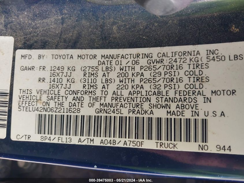 2006 Toyota Tacoma Base V6 VIN: 5TELU42N06Z211628 Lot: 39475003
