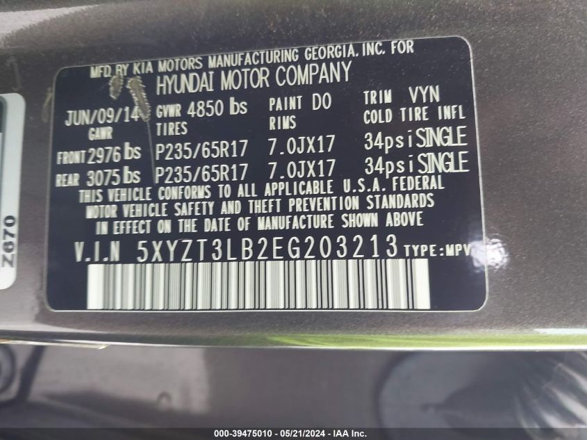 2014 Hyundai Santa Fe Sport 2.4L VIN: 5XYZT3LB2EG203213 Lot: 39475010