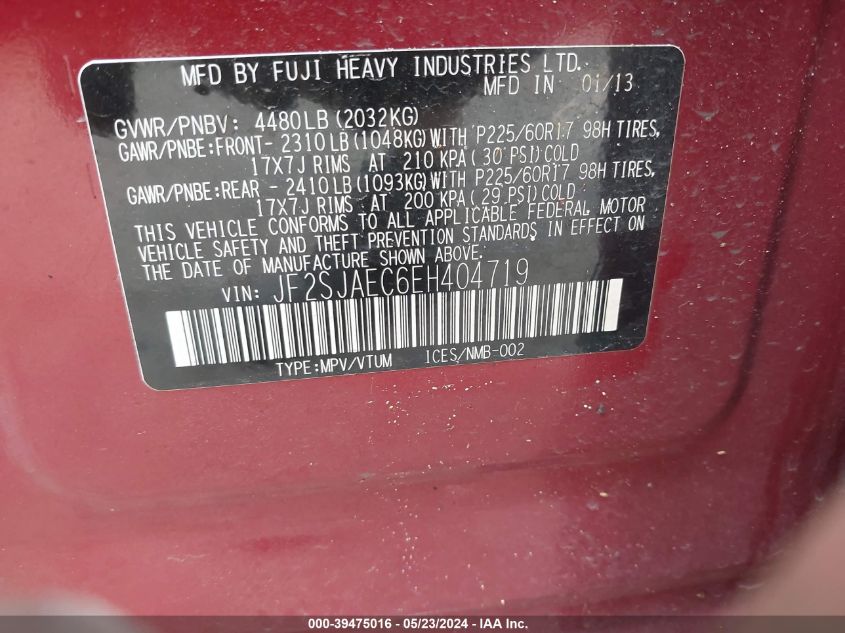 2014 Subaru Forester 2.5I Premium VIN: JF2SJAEC6EH404719 Lot: 39475016