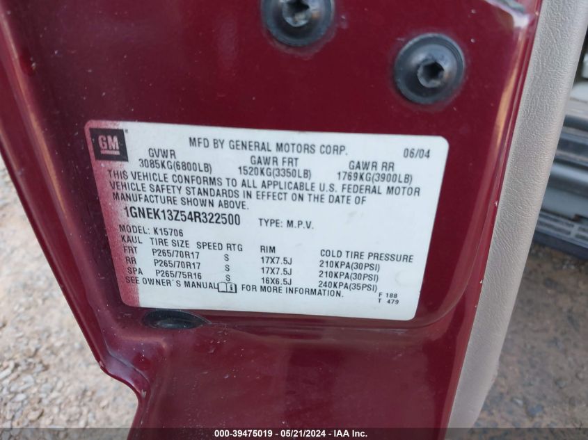 2004 Chevrolet Tahoe Z71 VIN: 1GNEK13Z54R322500 Lot: 39475019