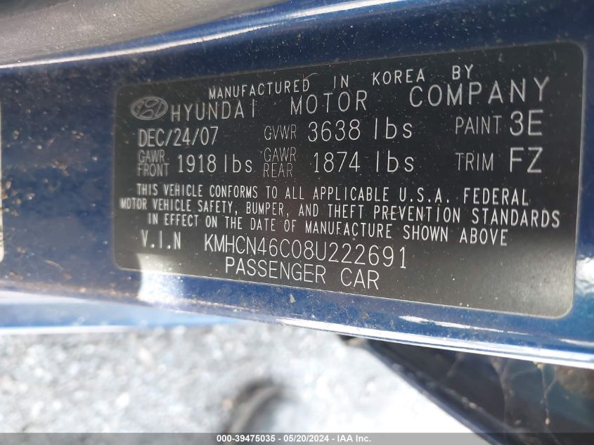 2008 Hyundai Accent Gls VIN: KMHCN46C08U222691 Lot: 39475035