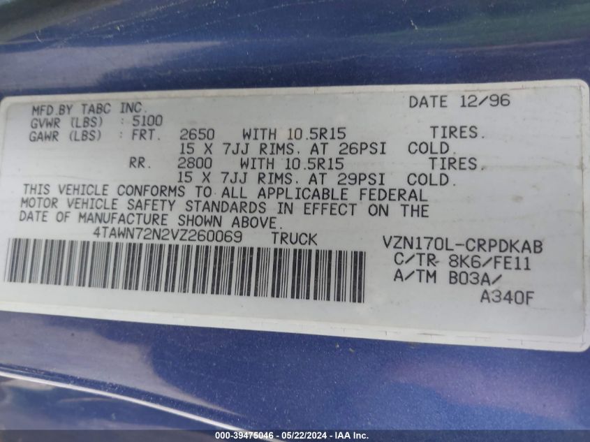 1997 Toyota Tacoma Base V6 VIN: 4TAWN72N2VZ260069 Lot: 39475046