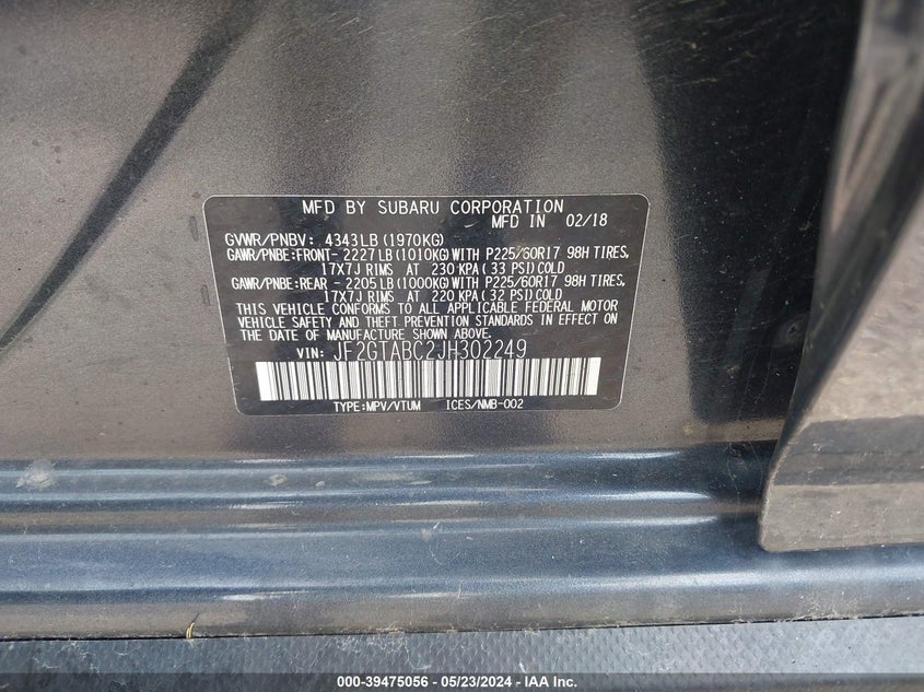 VIN JF2GTABC2JH302249 2018 SUBARU CROSSTREK PREMIUM