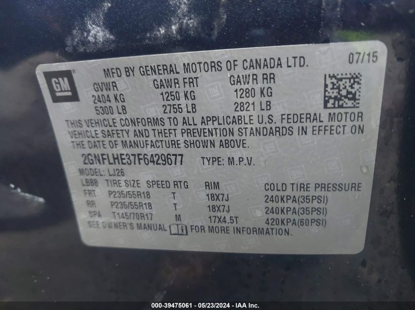 2015 Chevrolet Equinox Ltz VIN: 2GNFLHE37F6429677 Lot: 39475061