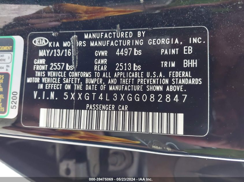 2016 Kia Optima Lx VIN: 5XXGT4L3XGG082847 Lot: 39475069