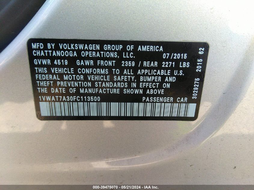 2015 Volkswagen Passat 1.8T Limited Edition VIN: 1VWAT7A30FC113500 Lot: 39475070