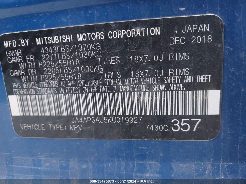 2019 Mitsubishi Outlander Sport 2.0 Es VIN: JA4AP3AU5KU019927 Lot: 39475073