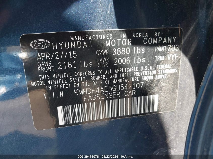 2016 Hyundai Elantra Se VIN: KMHDH4AE5GU542107 Lot: 39475076