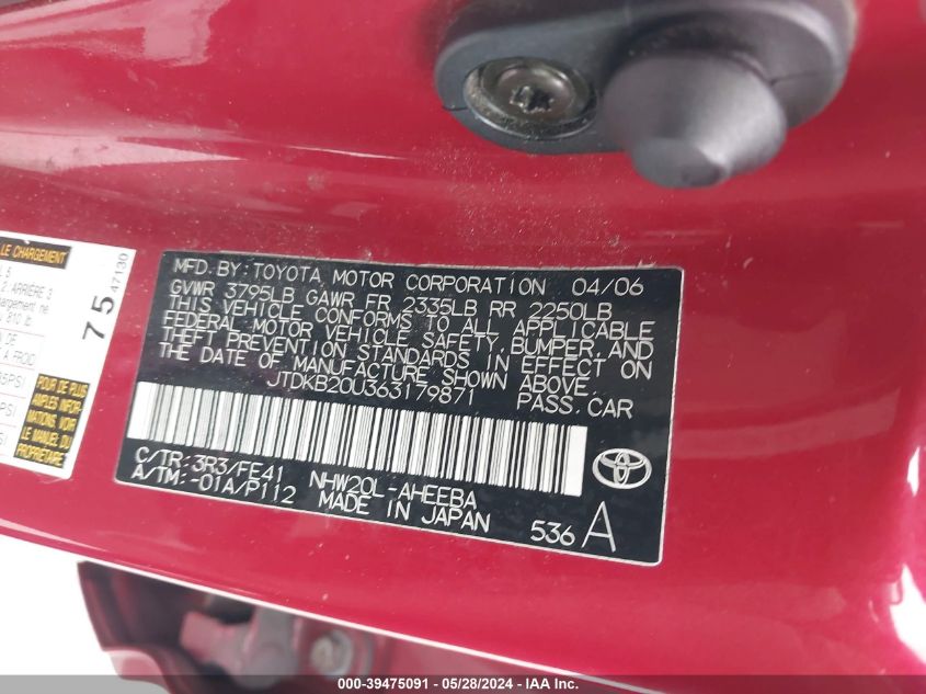 2006 Toyota Prius VIN: JTDKB20U363179871 Lot: 39475091