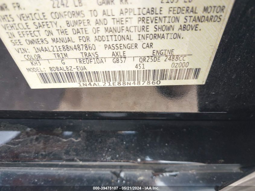 2008 Nissan Altima 2.5 S VIN: 1N4AL21E88N487860 Lot: 39475107