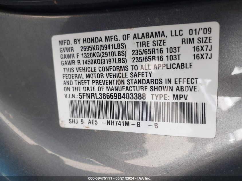 2009 Honda Odyssey Ex-L VIN: 5FNRL38669B403388 Lot: 39475111