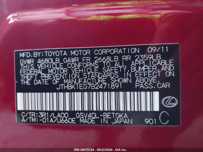 2011 Lexus Es 350 VIN: JTHBK1EG7B2471891 Lot: 39475124