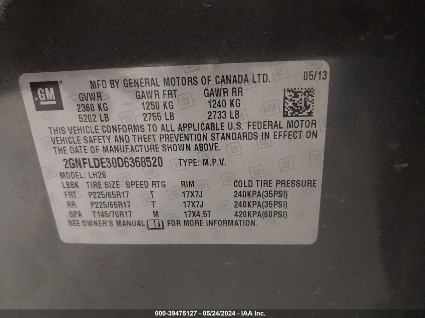 2013 Chevrolet Equinox 1Lt VIN: 2GNFLDE30D6368520 Lot: 39475127