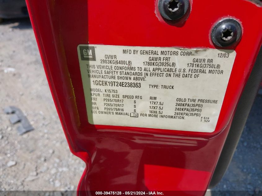 2004 Chevrolet Silverado 1500 Z71 VIN: 1GCEK19T24E238363 Lot: 39475128