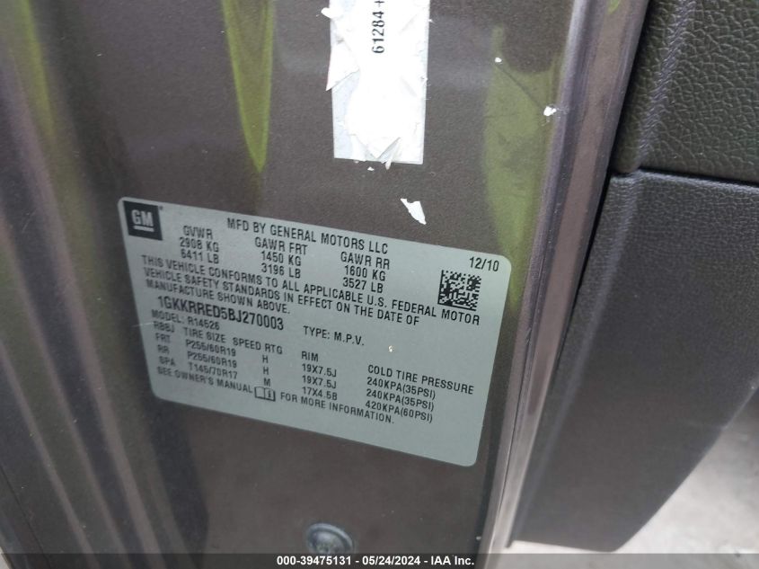 2011 GMC Acadia Slt-1 VIN: 1GKKRRED5BJ270003 Lot: 39475131
