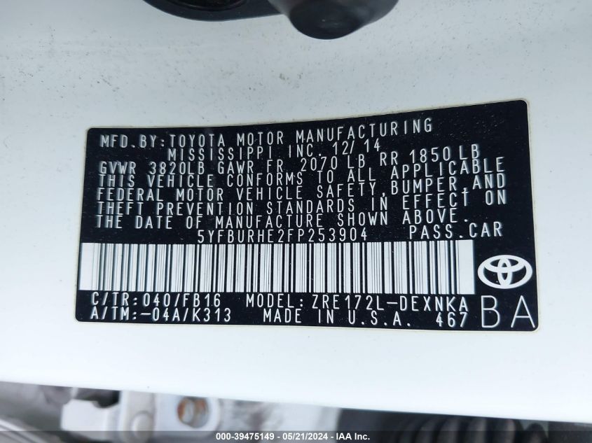 2015 Toyota Corolla Le Plus VIN: 5YFBURHE2FP253904 Lot: 39475149