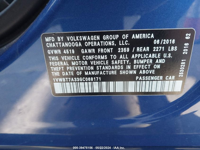 2016 Volkswagen Passat 1.8T Se VIN: 1VWBT7A33GC068171 Lot: 39475156
