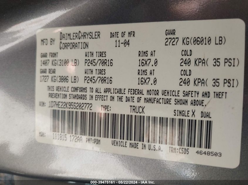 2005 Dodge Dakota St VIN: 1D7HE22K95S202772 Lot: 39475161