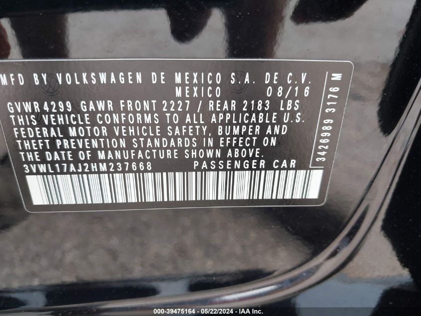 2017 Volkswagen Jetta 1.8T Sel VIN: 3VWL17AJ2HM237668 Lot: 39475164