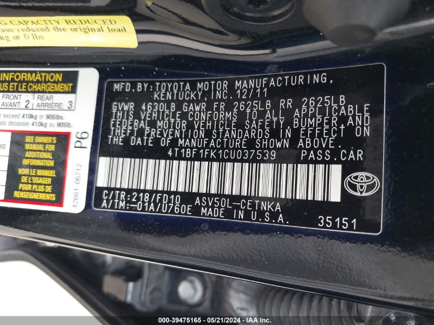 4T1BF1FK1CU037539 2012 Toyota Camry Le