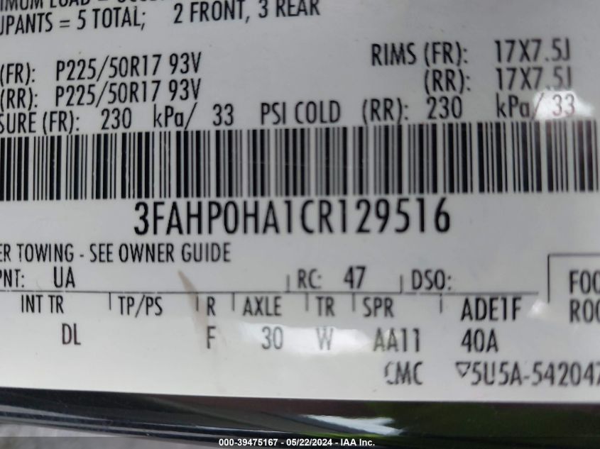 2012 Ford Fusion Se VIN: 3FAHP0HA1CR129516 Lot: 39475167