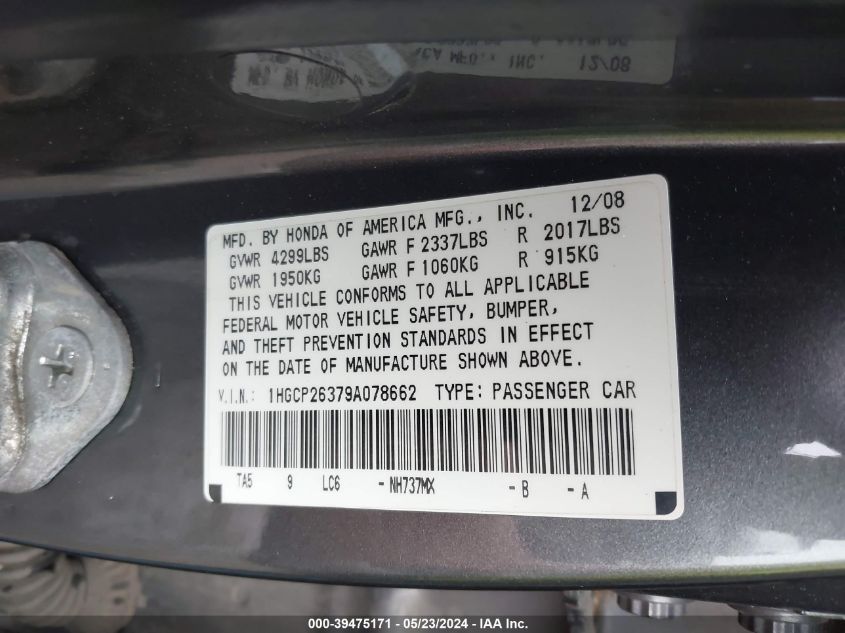 2009 Honda Accord 2.4 Lx VIN: 1HGCP26379A078662 Lot: 39475171