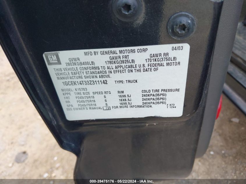 2003 Chevrolet Silverado 1500 Ls VIN: 1GCEK14T33Z311142 Lot: 39475176
