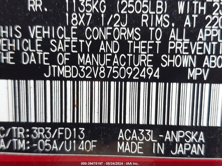 2007 Toyota Rav4 Sport VIN: JTMBD32V875092494 Lot: 39475197