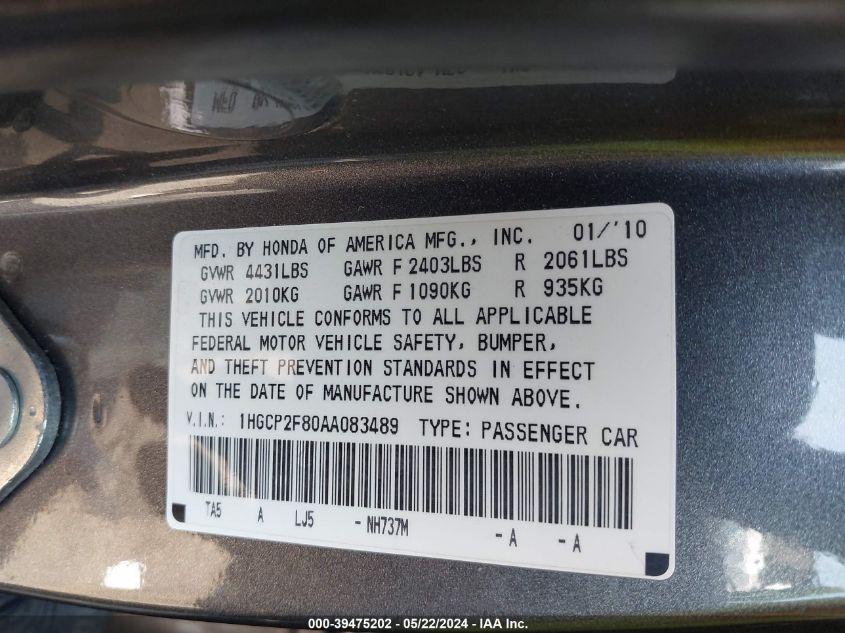 2010 Honda Accord 2.4 Ex-L VIN: 1HGCP2F80AA083489 Lot: 39475202