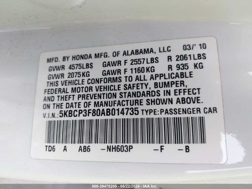 2010 Honda Accord 3.5 Ex-L VIN: 5KBCP3F80AB014735 Lot: 39475205