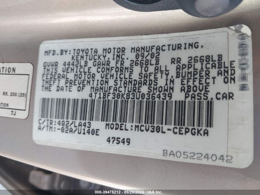 4T1BF30K83U036439 2003 Toyota Camry Xle V6