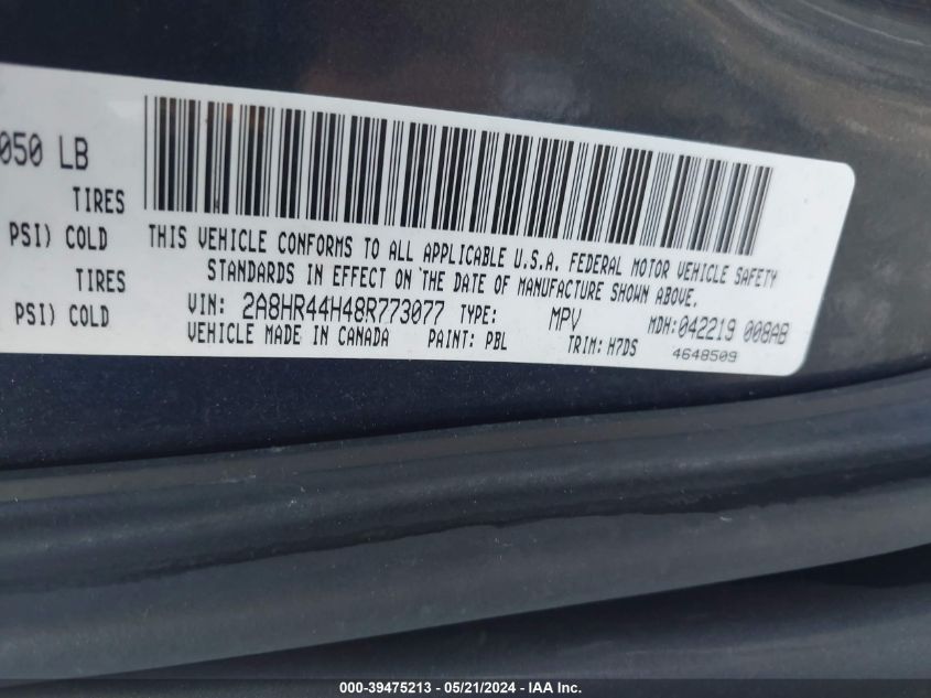 2008 Chrysler Town & Country Lx VIN: 2A8HR44H48R773077 Lot: 39475213