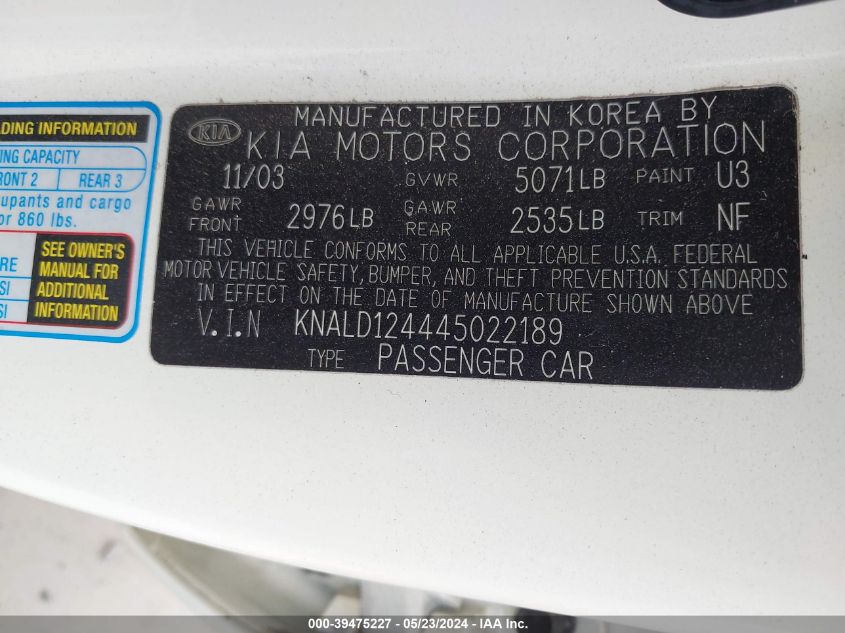 2004 Kia Amanti VIN: KNALD124445022189 Lot: 39475227