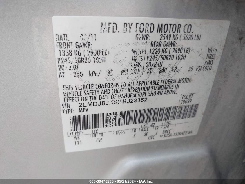 2011 Lincoln Mkx VIN: 2LMDJ8JK8BBJ23382 Lot: 39475235