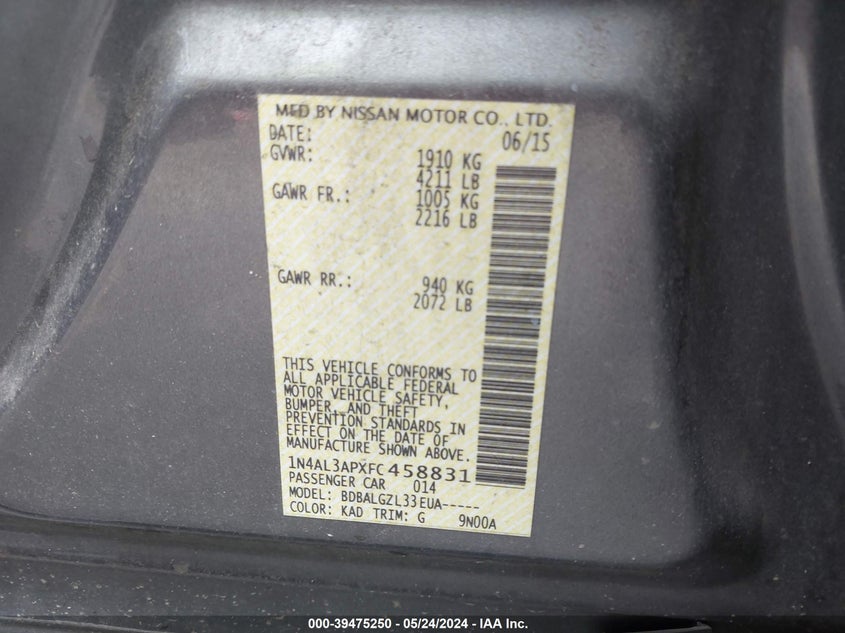 2015 Nissan Altima 2.5/2.5 S/2.5 Sl/2.5 Sv VIN: 1N4AL3APXFC458831 Lot: 39475250