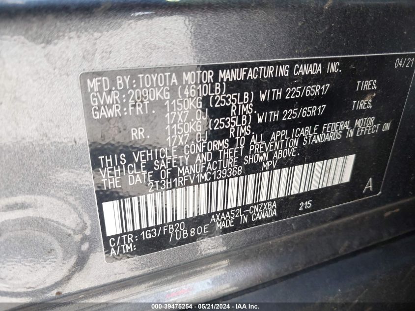 2021 Toyota Rav4 Le VIN: 2T3H1RFV1MC139368 Lot: 39475254
