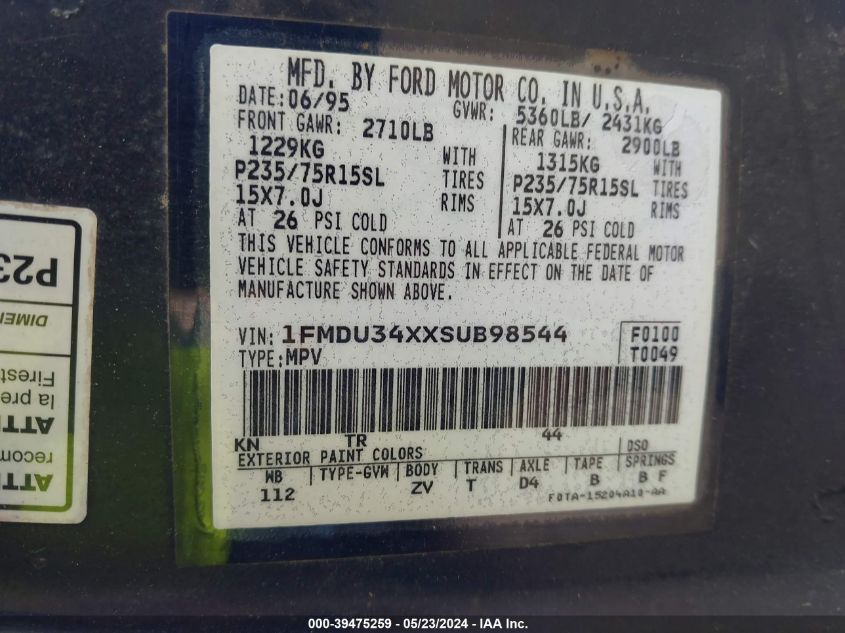 1995 Ford Explorer VIN: 1FMDU34XXSUB98544 Lot: 39475259