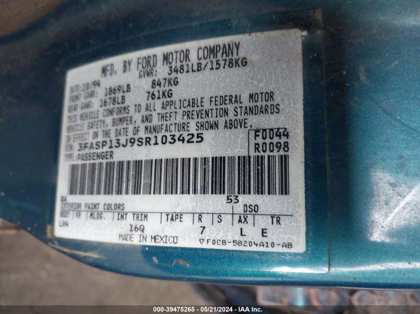 1995 Ford Escort Lx/Sport VIN: 3FASP13J9SR103425 Lot: 39475265
