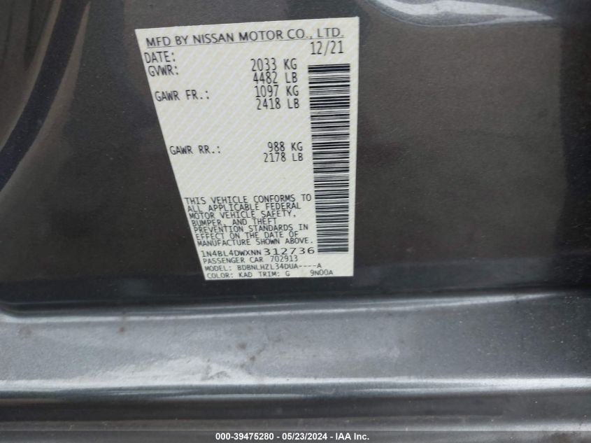 2022 Nissan Altima Sv Intelligent Awd VIN: 1N4BL4DWXNN312736 Lot: 39475280