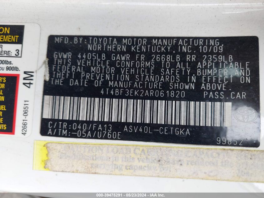 2010 Toyota Camry Xle VIN: 4T4BF3EK2AR061820 Lot: 39475291