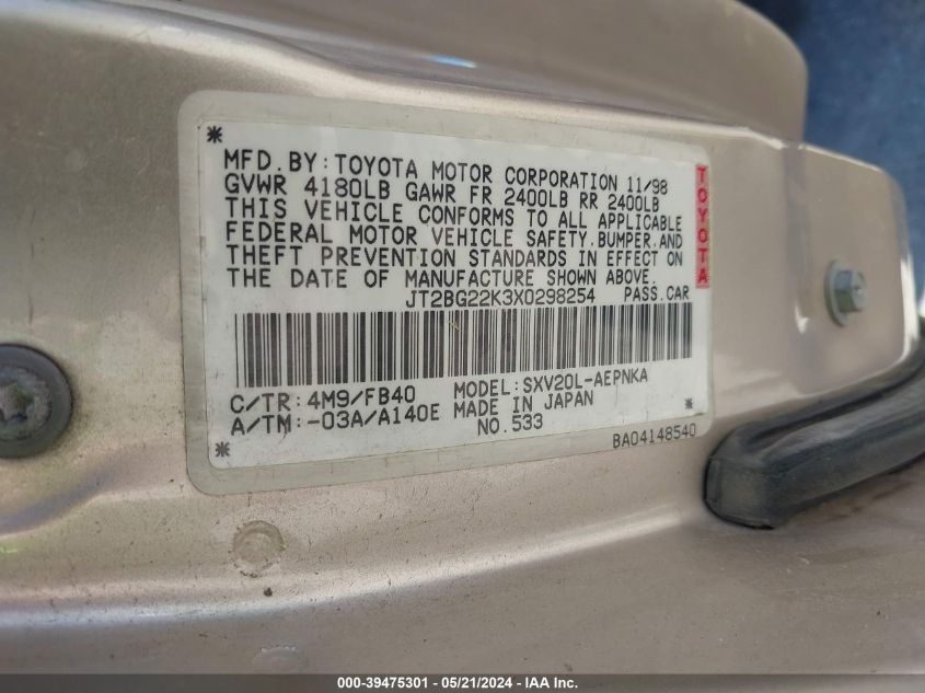 1999 Toyota Camry Le VIN: JT2BG22K3X0298254 Lot: 39475301