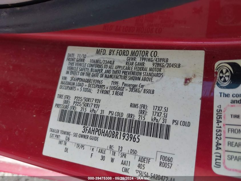 2011 Ford Fusion Se VIN: 3FAHP0HA0BR193965 Lot: 39475308