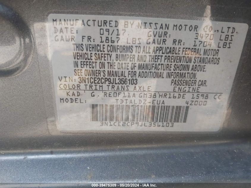 2018 Nissan Versa Note Sv VIN: 3N1CE2CP9JL356103 Lot: 39475309